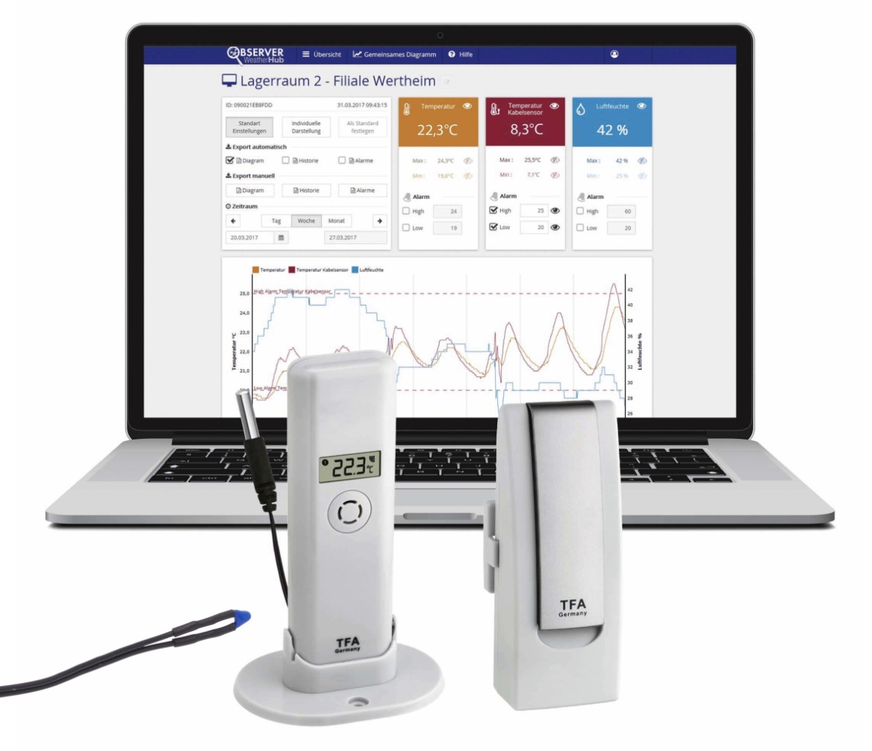 TFA Weatherhub Temperaturvakt - Starter-kit med en temperatursensor med vattentät prob för värmesystem